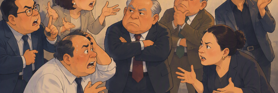 異なる方向を語る仲間を前に、会社の未来を見つめる経営者