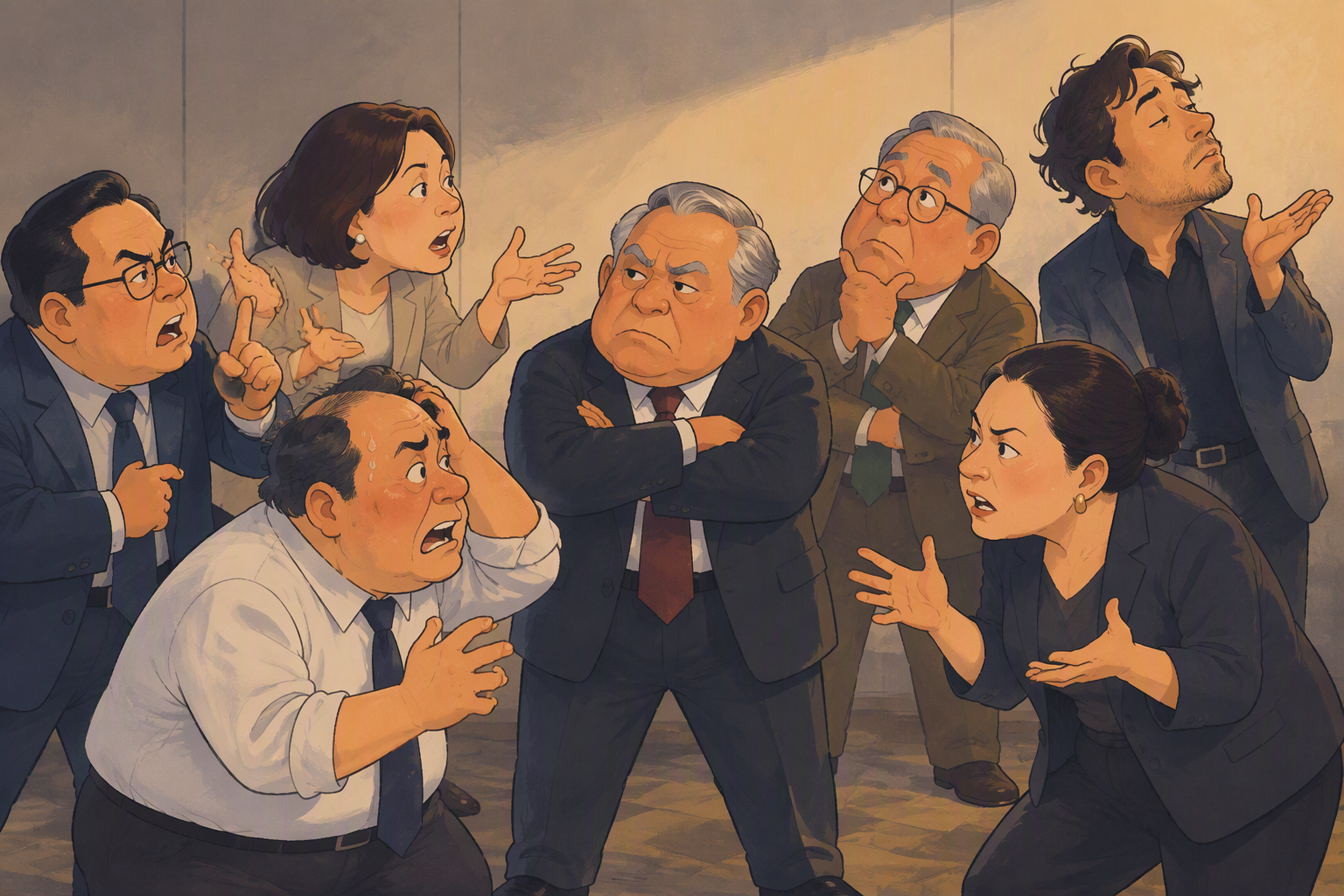 異なる方向を語る仲間を前に、会社の未来を見つめる経営者